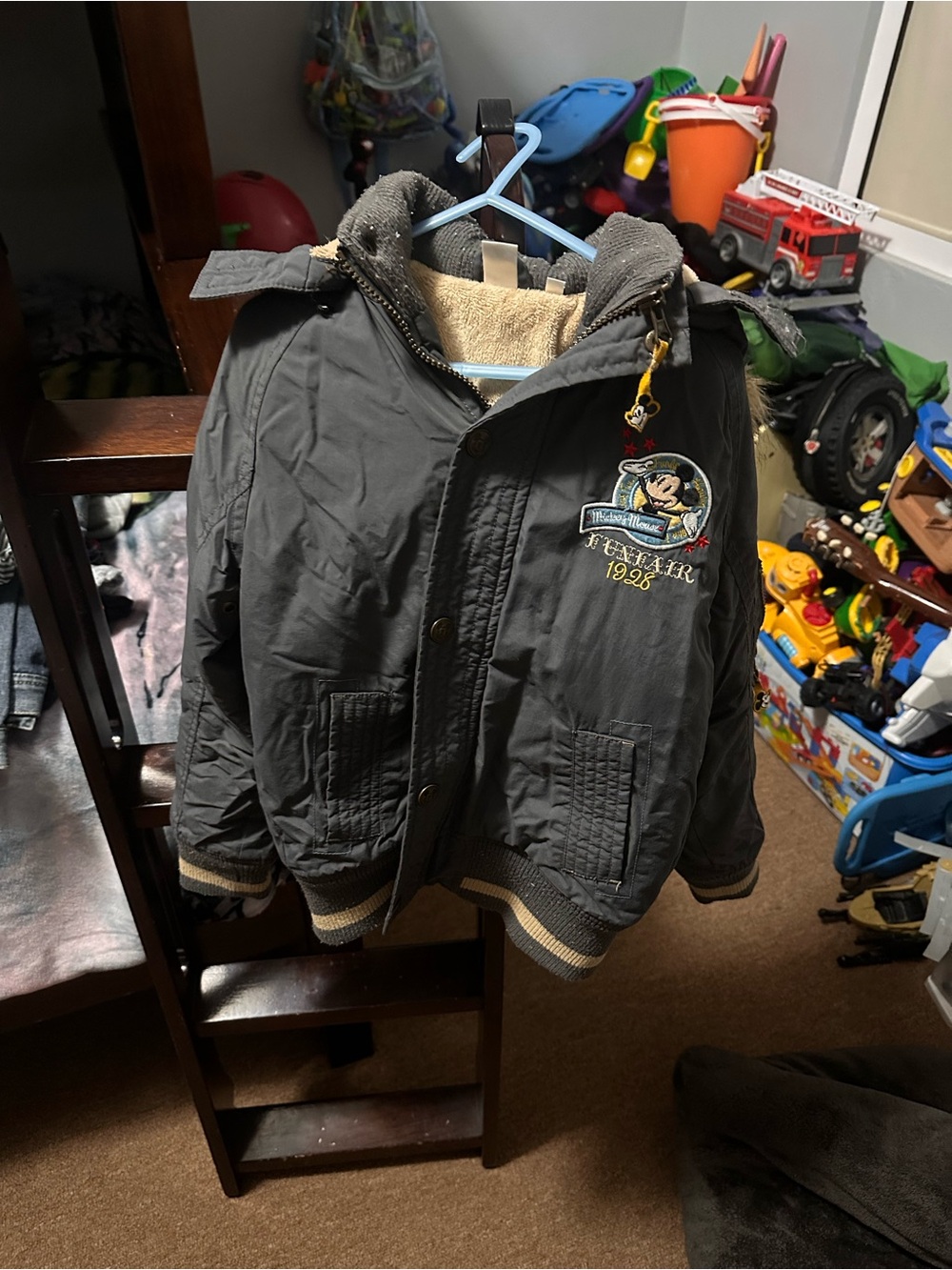 Disney Gray Hooded Puffer Jacket with Embroidered Mickey Patch